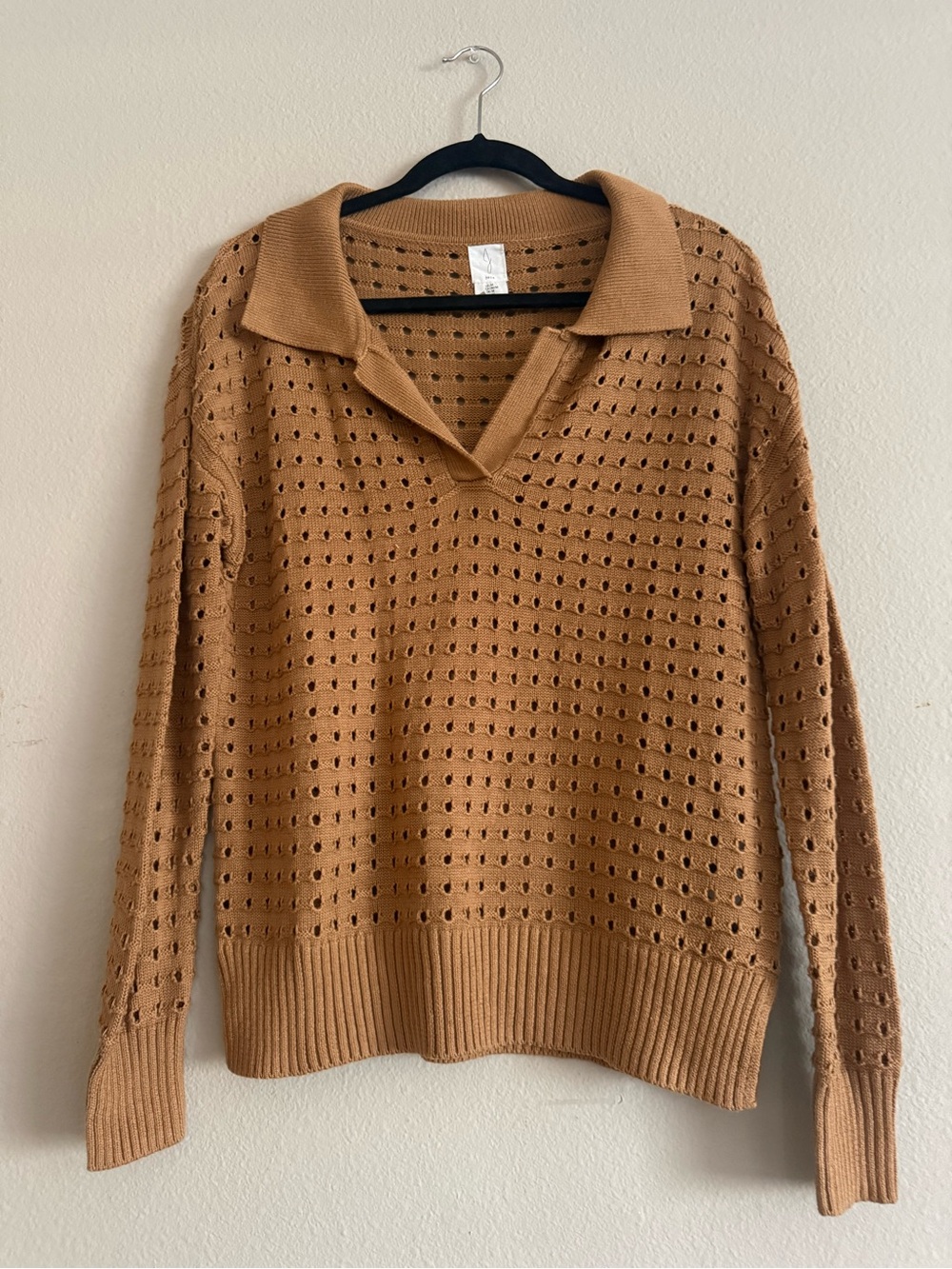 JOIE Open Knit Polo Sweater Camel Tan Long Sleeve Cotton Blend Pullover Medium
